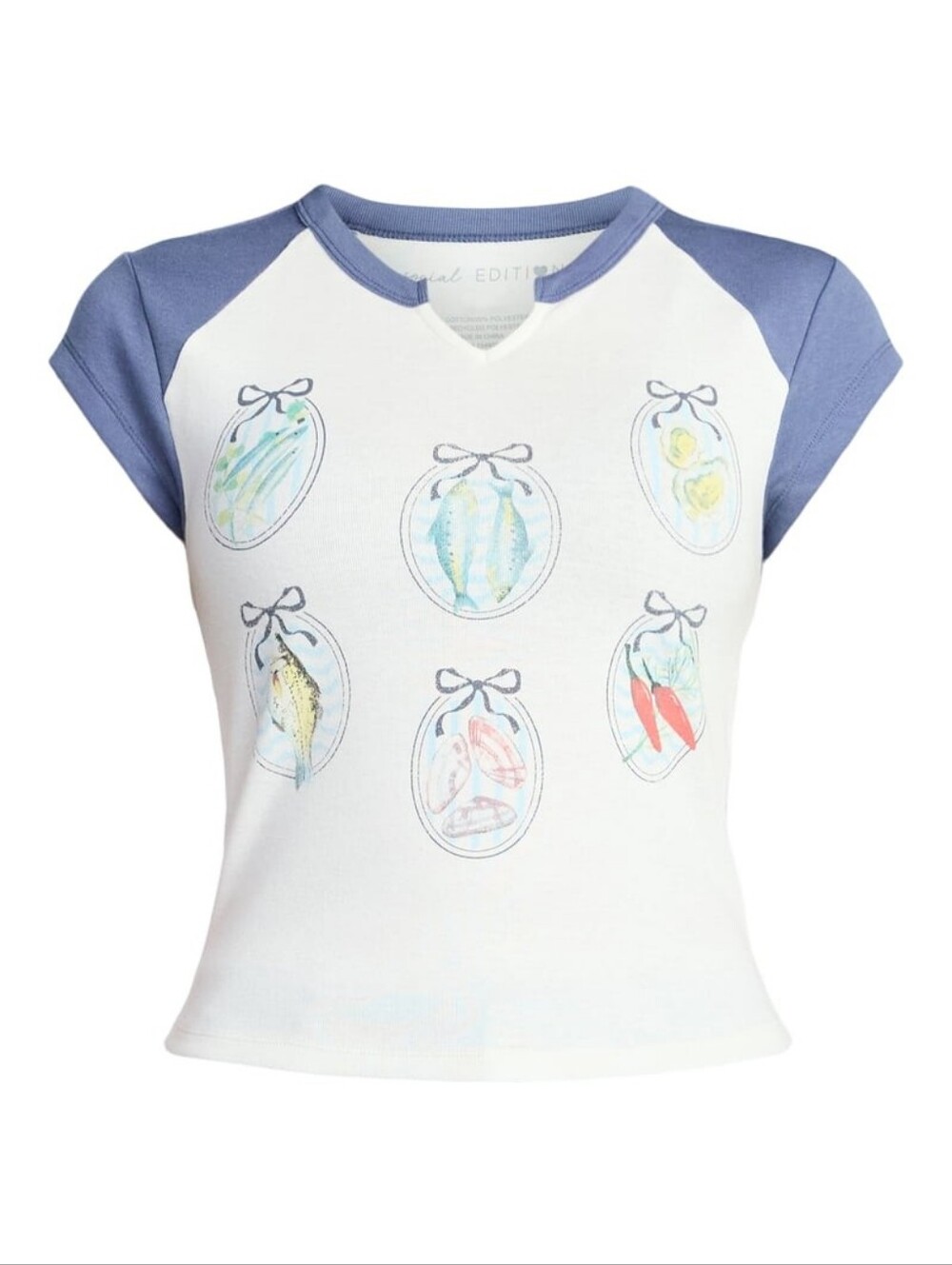 NEW Social Edition Women's Sardine Raglan Short Sleeve Graphic Tee White Blue XS